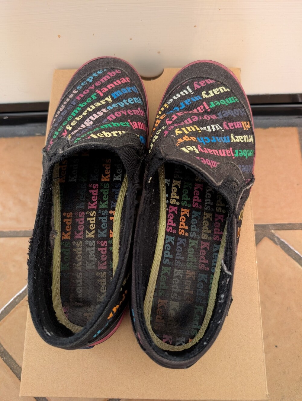 Well-Used Rainbow Keds Slip-on Shoes